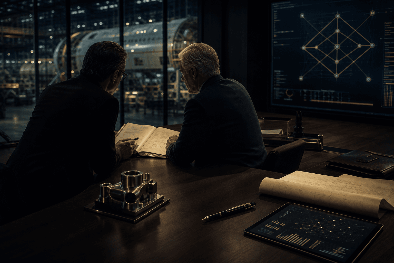 Bacenik consulting session reviewing a structured engineering decision brief beside aerospace hardware
