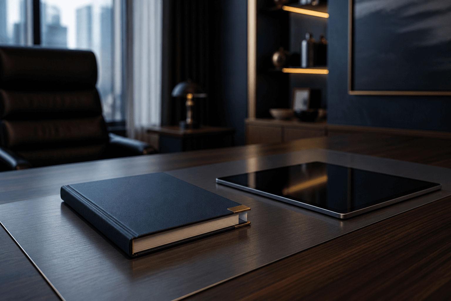 Closed engineering workbook on a quiet executive desk