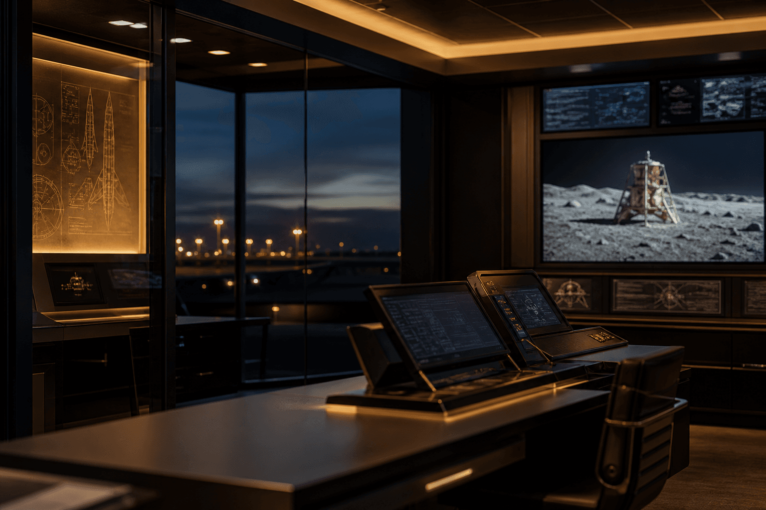 Executive program office with gold-lit consoles and engineering monitors